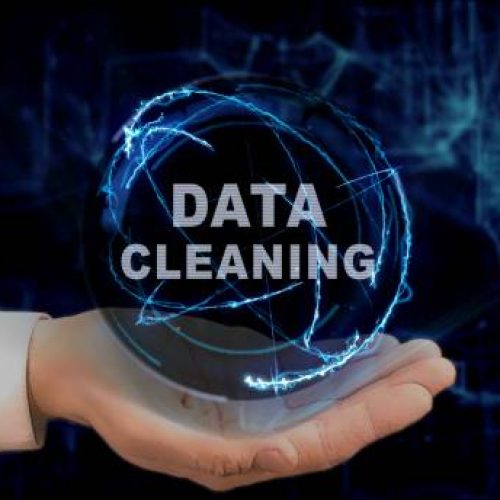 Painted hand shows concept hologram Data cleaning on his hand. Drawn man in business suit with future technology screen and modern cosmic background